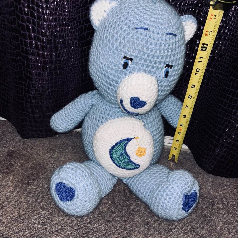 Blue Crochet Teddy Bear with Moon Design